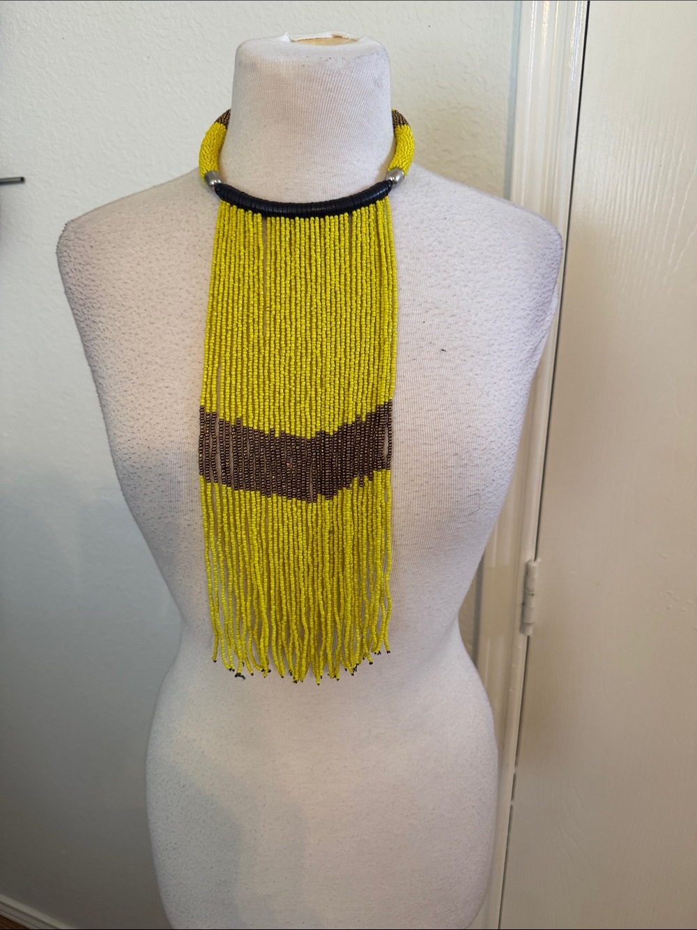 Handmade Yellow & Brown Beaded Fringe Necklace - Women's Jewelry. 12 inches long